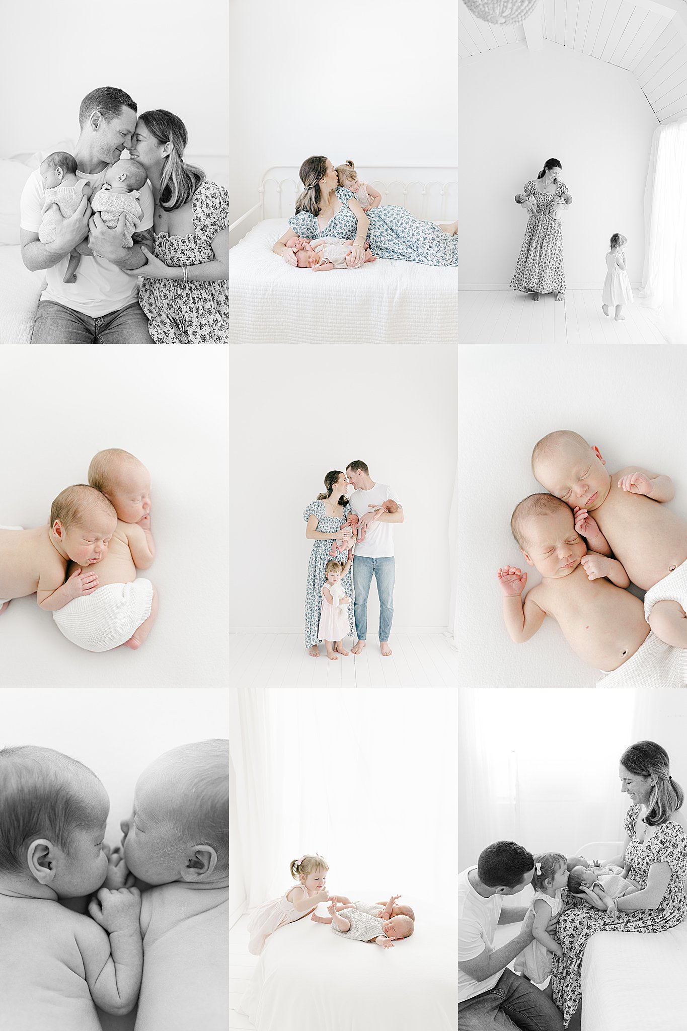 Mother and father hold newborn twins during a soft, natural light photography session with their young daughter in a white, minimalistic studio.