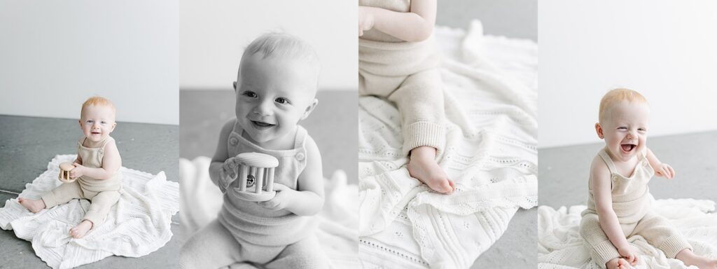 Six-month-old baby portrait in a light and airy photography studio setup.