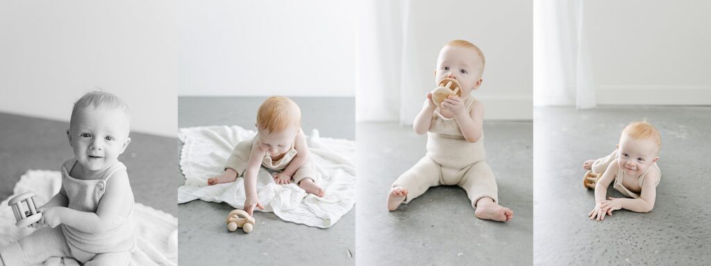 Baby sitting independently on a neutral backdrop during a professional milestone session.